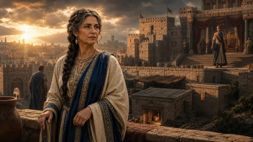 A mature Bathsheba stands above ancient Jerusalem with David’s palace visible on the hill behind her.
