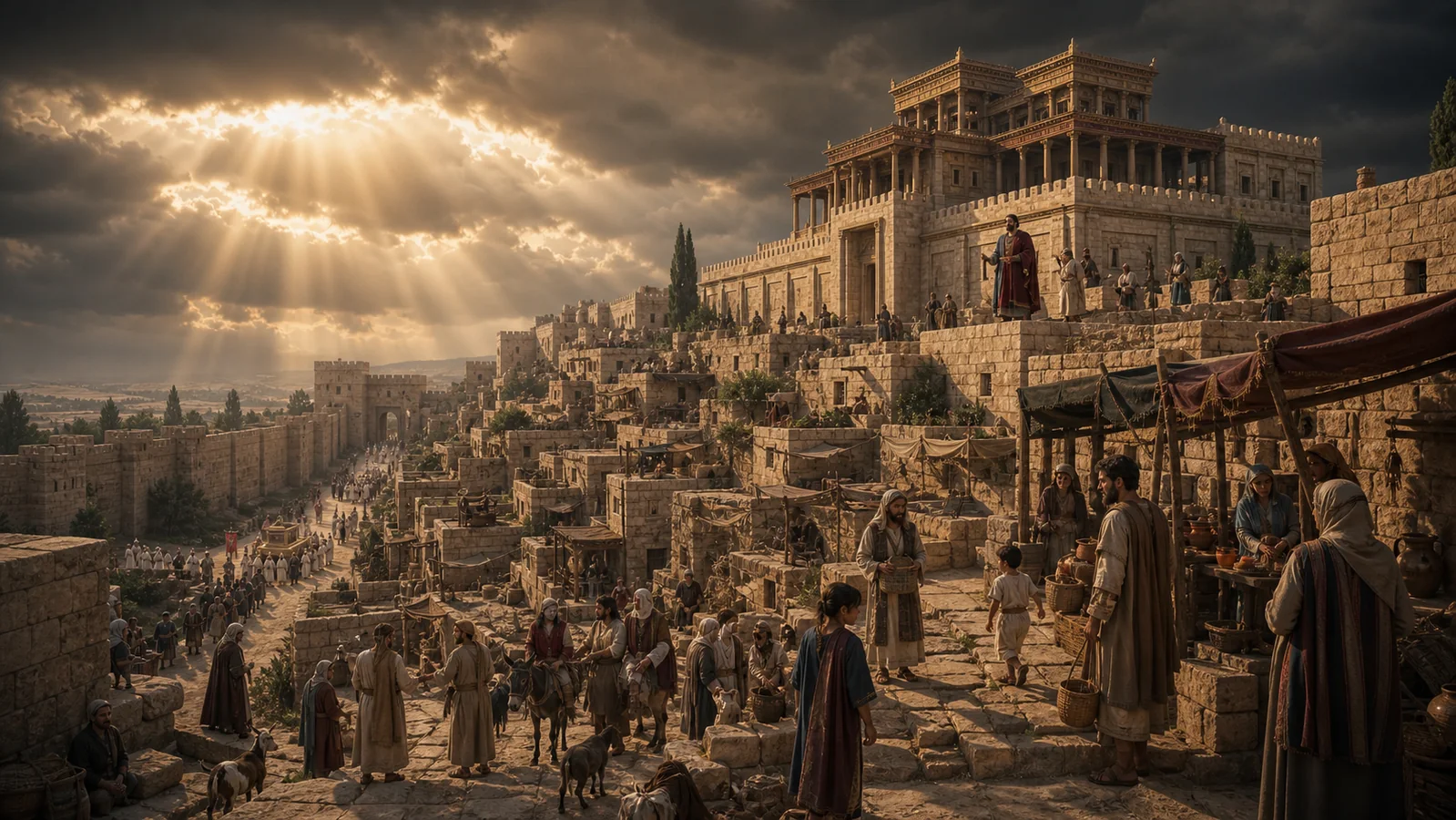 Ancient Jerusalem spreads beneath a fortified royal palace as residents move through its stone streets.