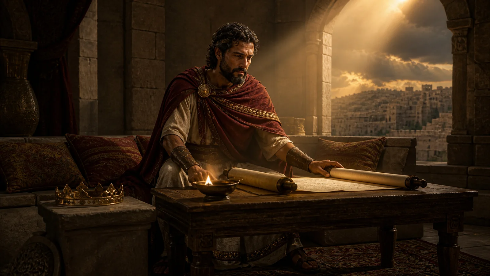 King David studies scrolls in a palace chamber, symbolizing that Israel’s king remained under God’s law.