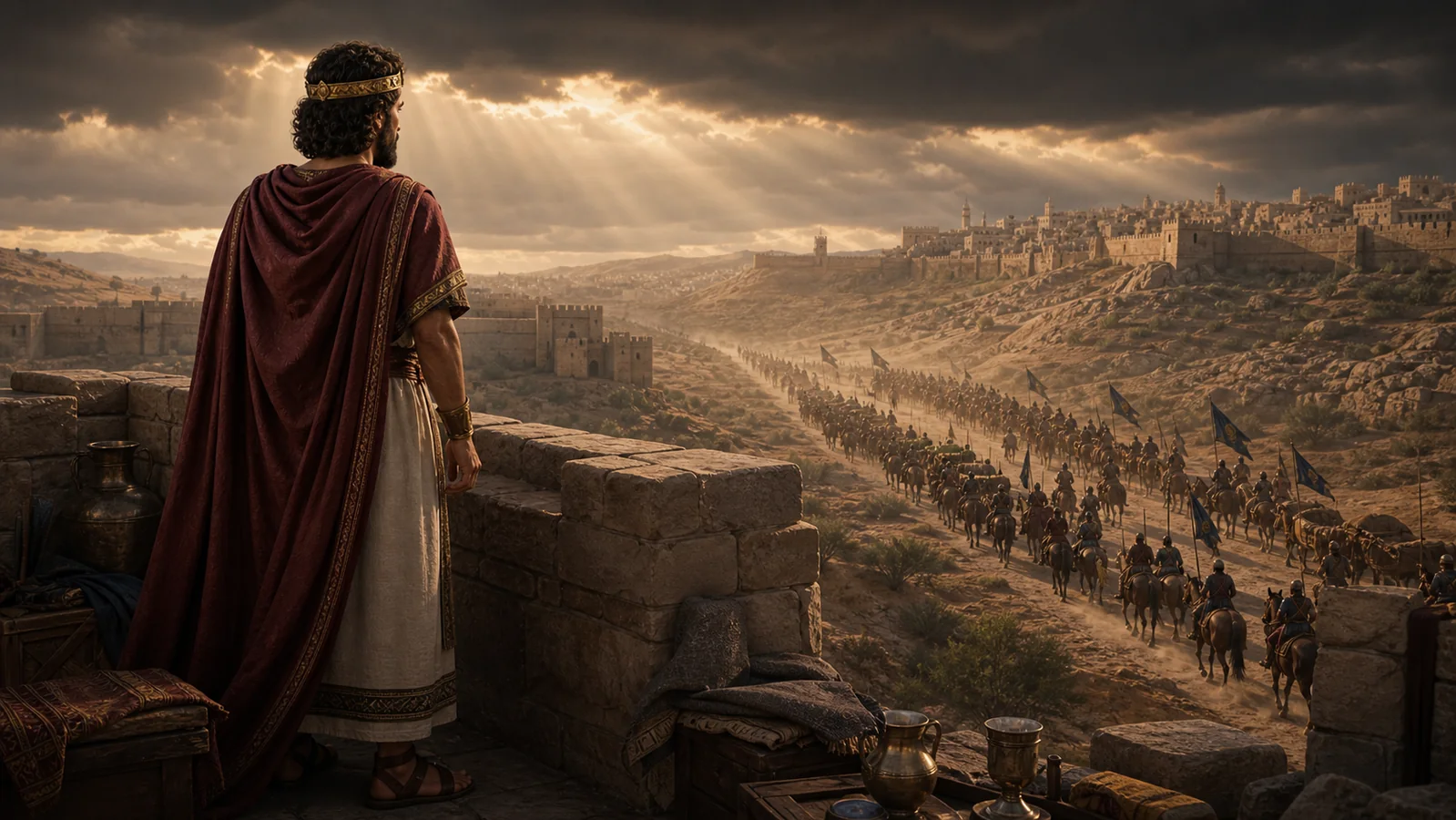 David watches an army depart Jerusalem while he remains on the palace roof.