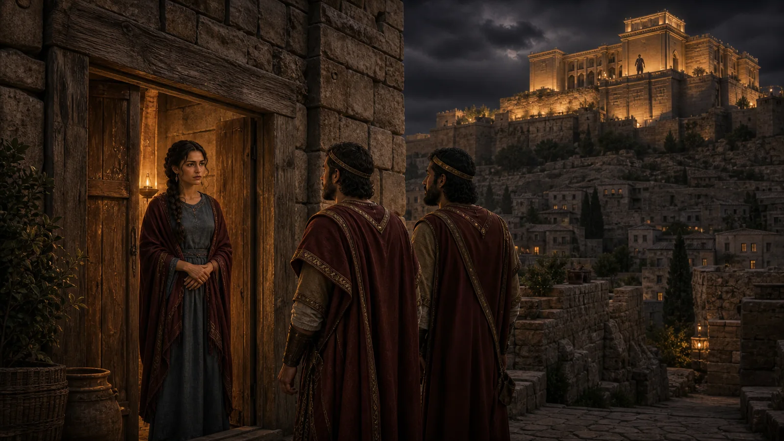 Royal messengers stand at Bathsheba’s doorway after David sends for her.