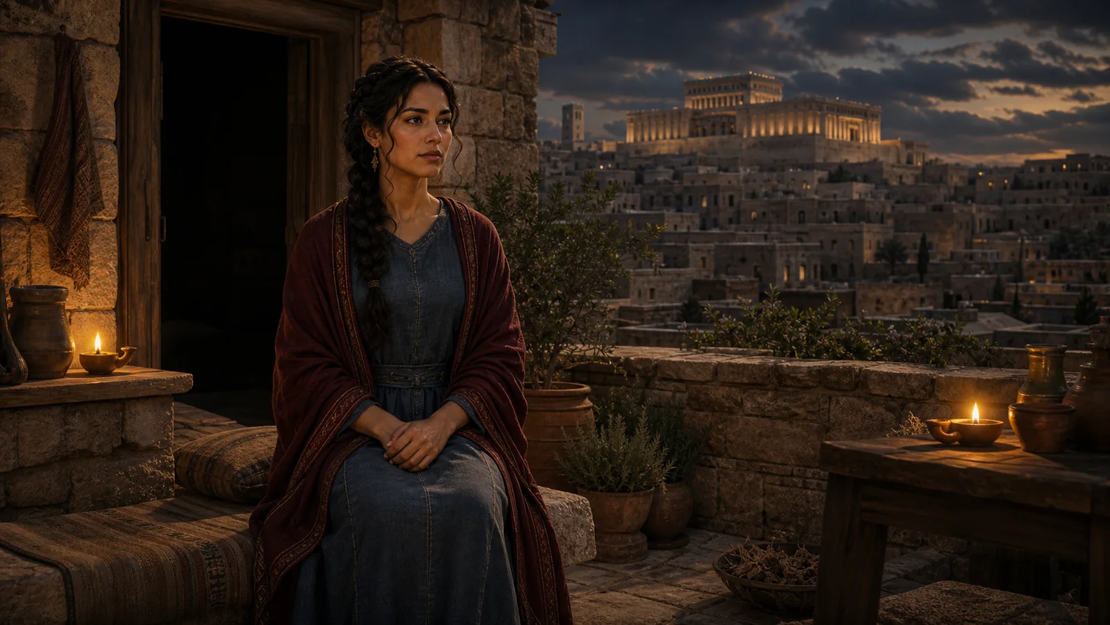Bathsheba sits alone on a Jerusalem rooftop, reflecting the biblical account’s silence about her private thoughts.