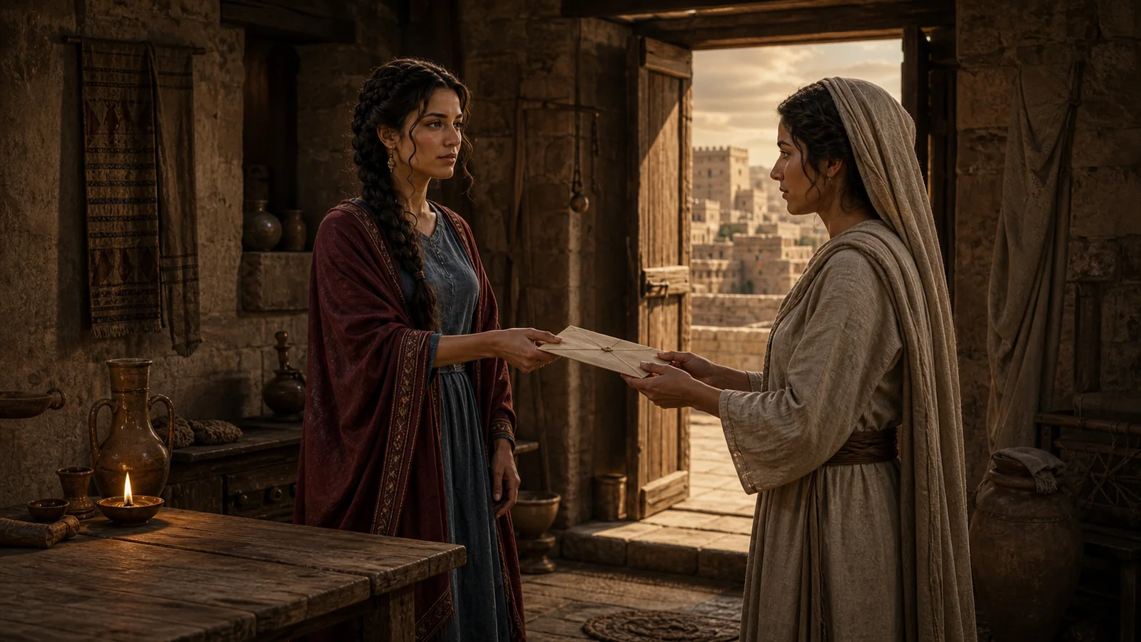 Bathsheba gives a brief message to a woman messenger in her Jerusalem home.