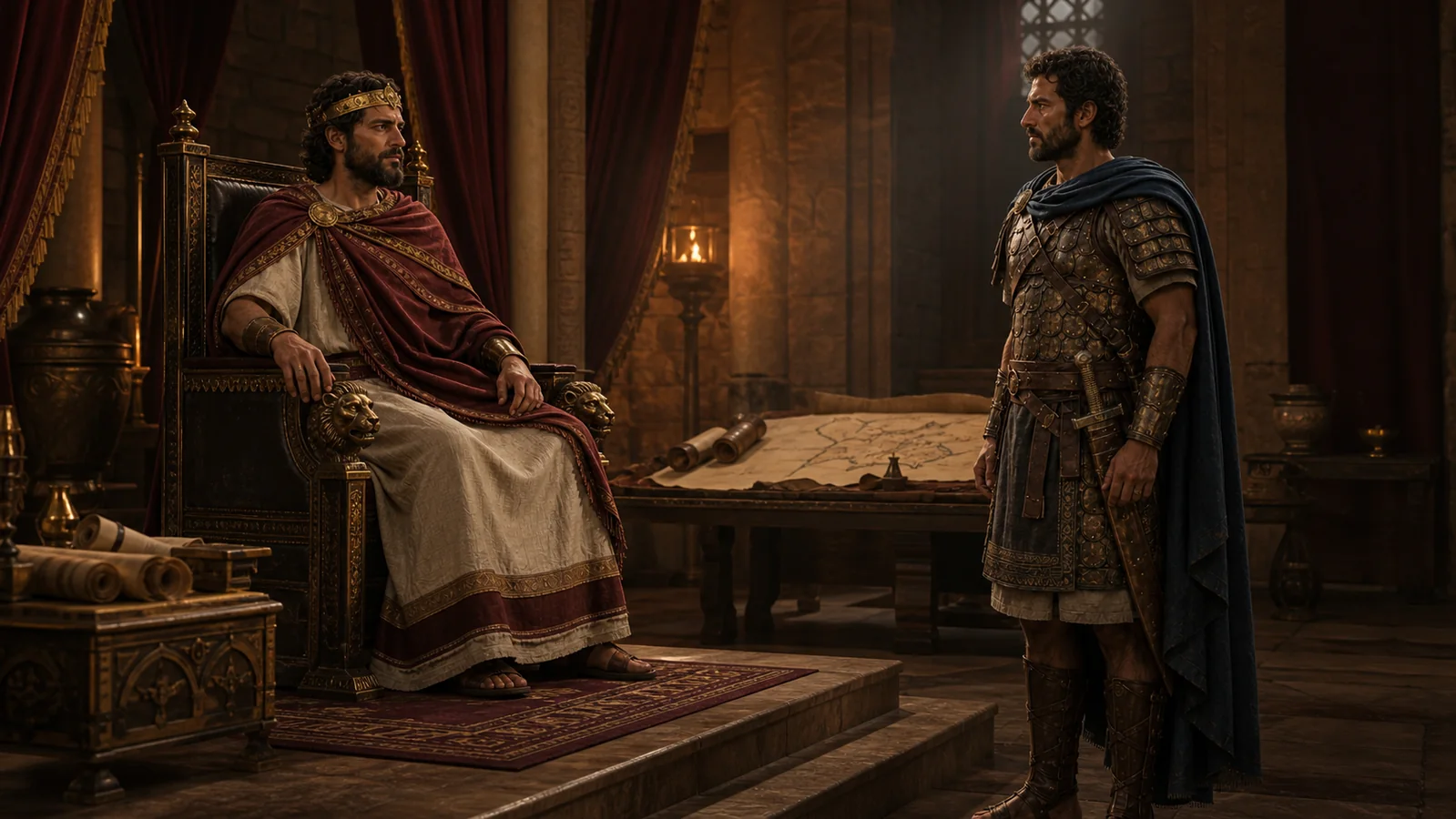Uriah stands before King David to report on the war.