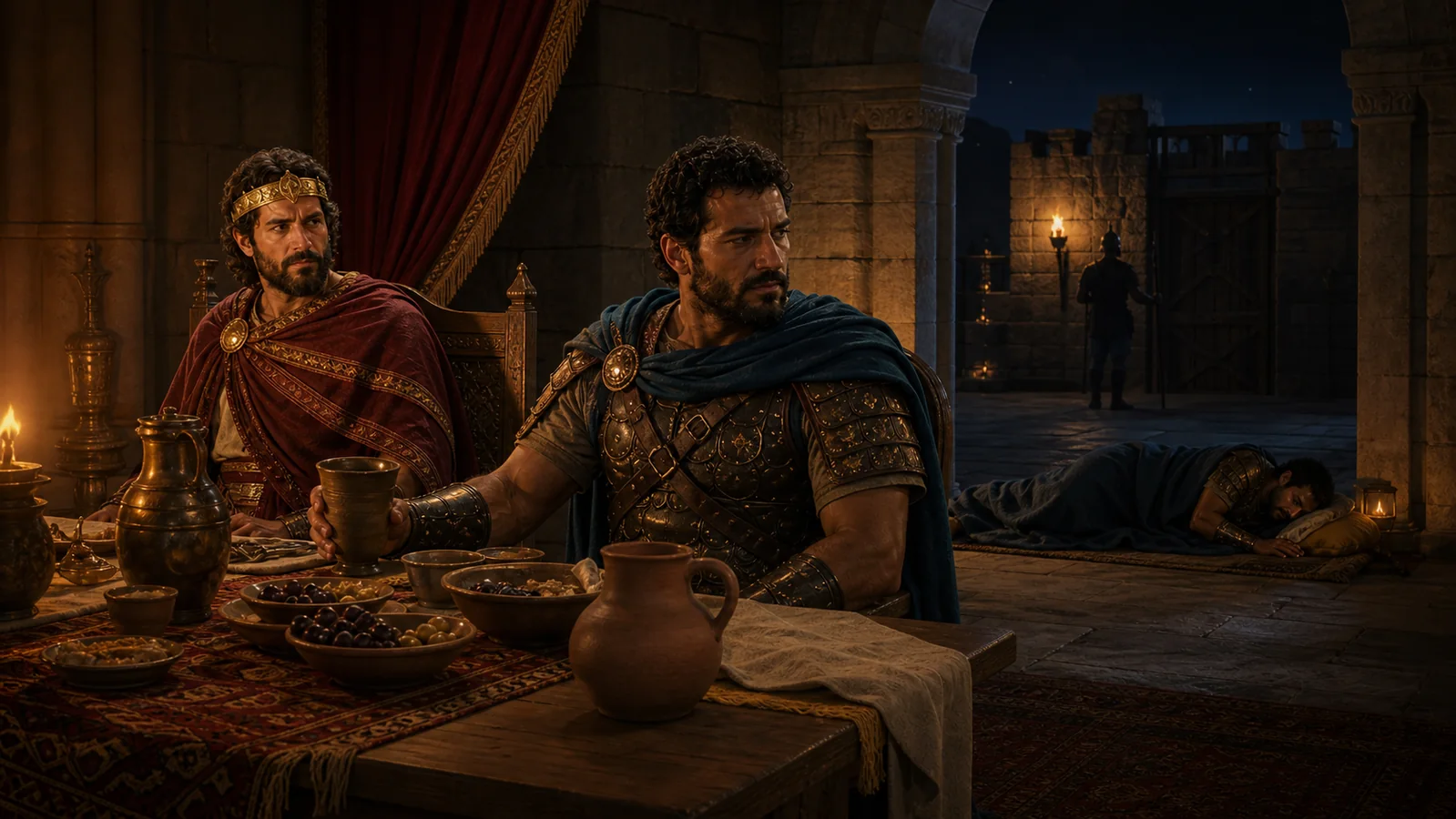 Uriah remains with the king’s servants after David’s second attempt to send him home.