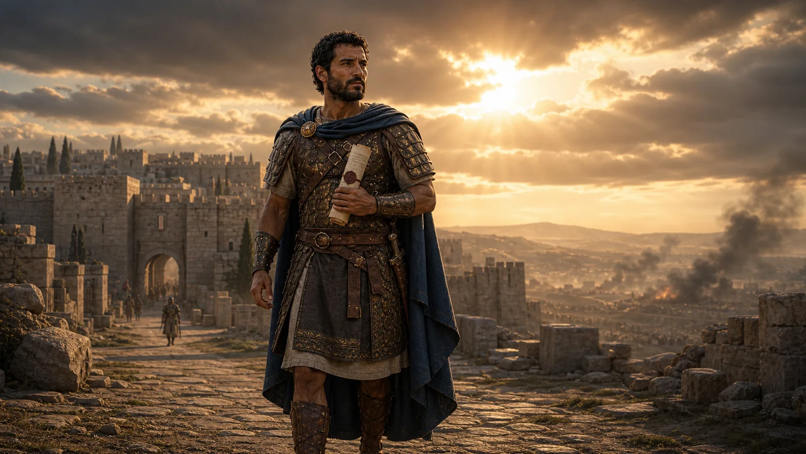 Uriah carries a sealed royal letter as he leaves Jerusalem for the battlefield.