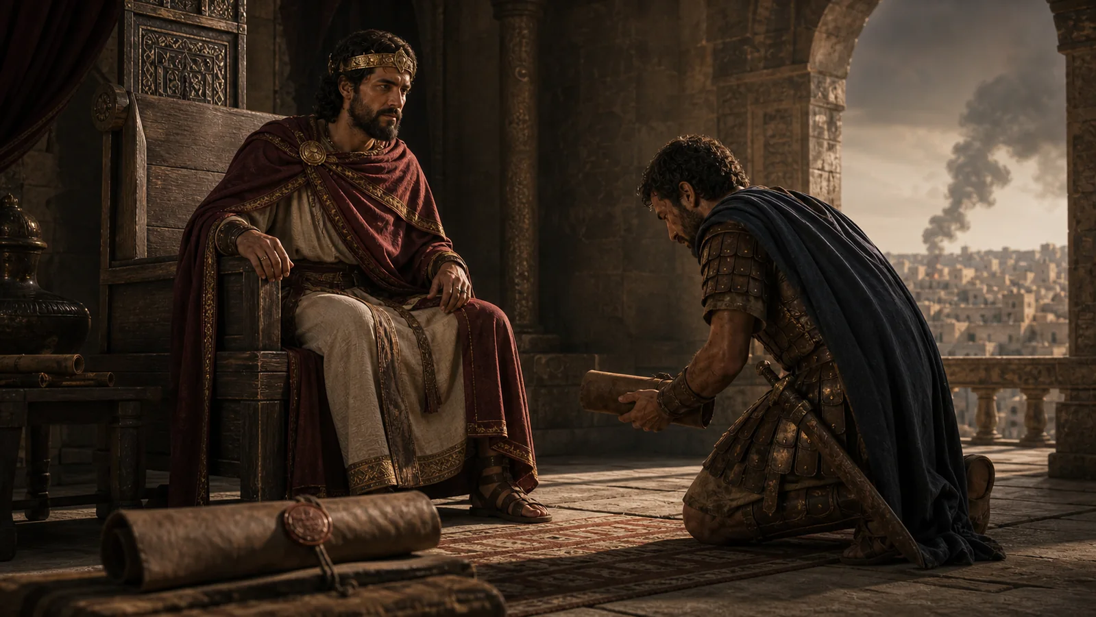 A messenger kneels before David with Joab’s battlefield report.