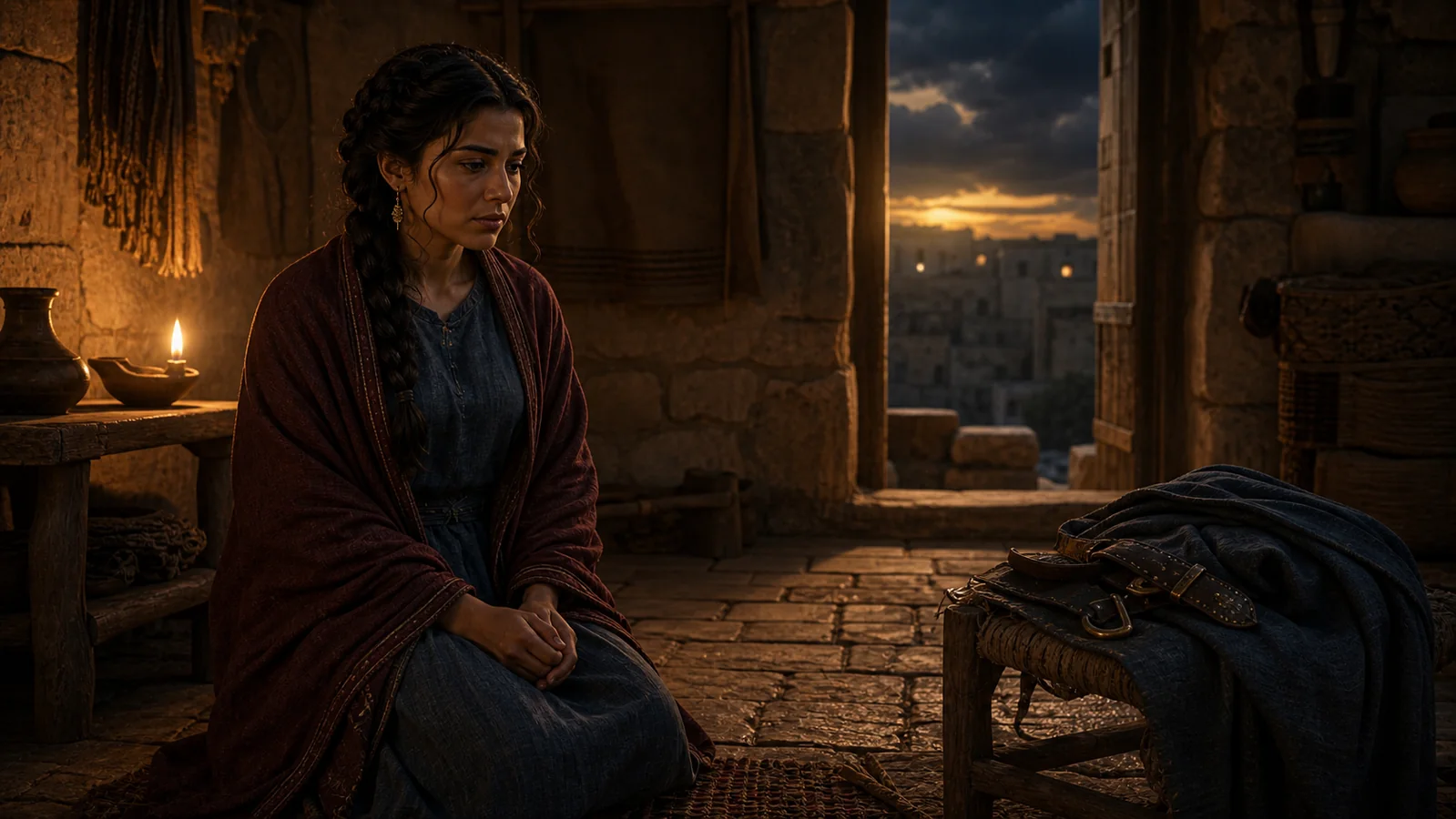 Bathsheba sits in mourning beside Uriah’s folded military garments.