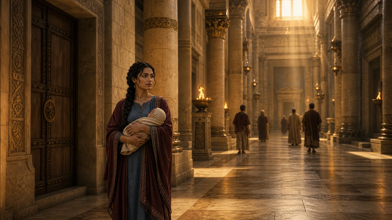 Bathsheba holds her infant in a vast palace corridor.