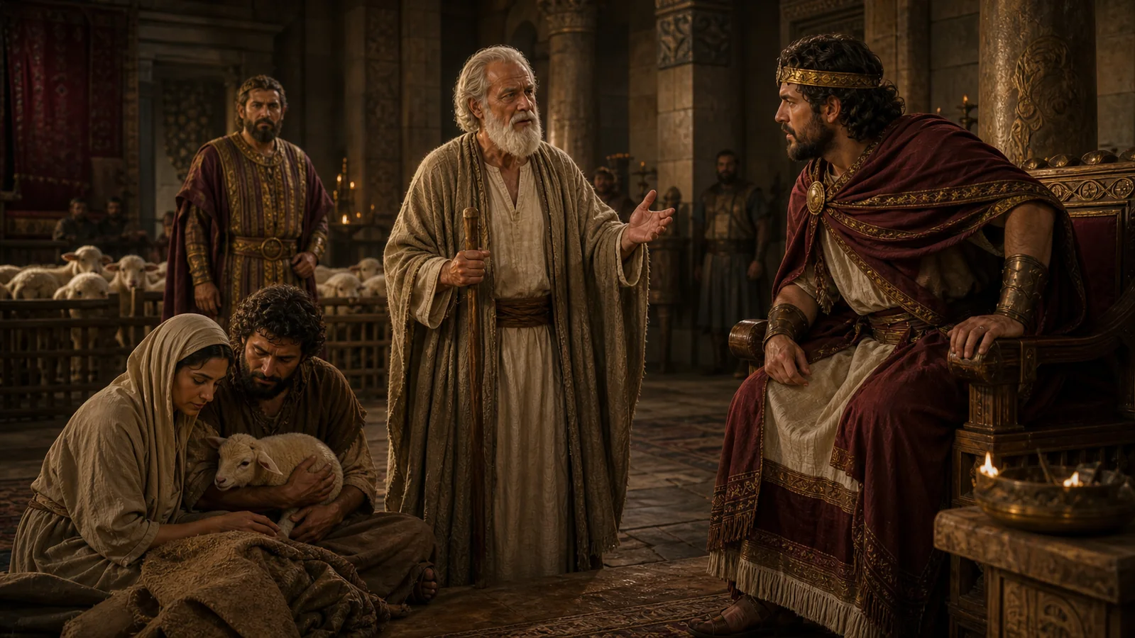Nathan confronts David with the parable of the rich man and the poor man’s ewe lamb.