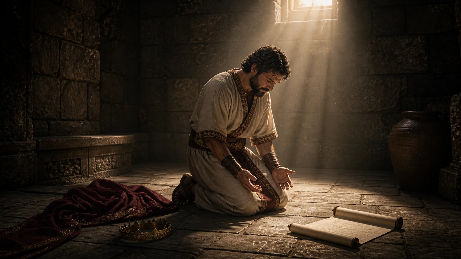 David kneels in repentance beside a crown and an open scroll.