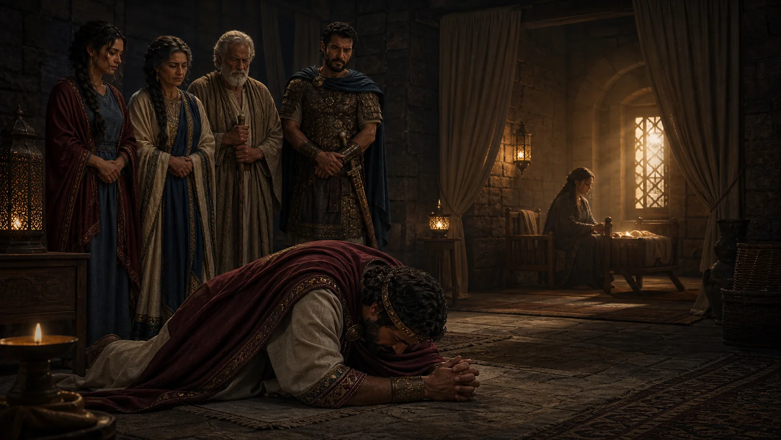 David lies in fasting and prayer while members of his household wait nearby.