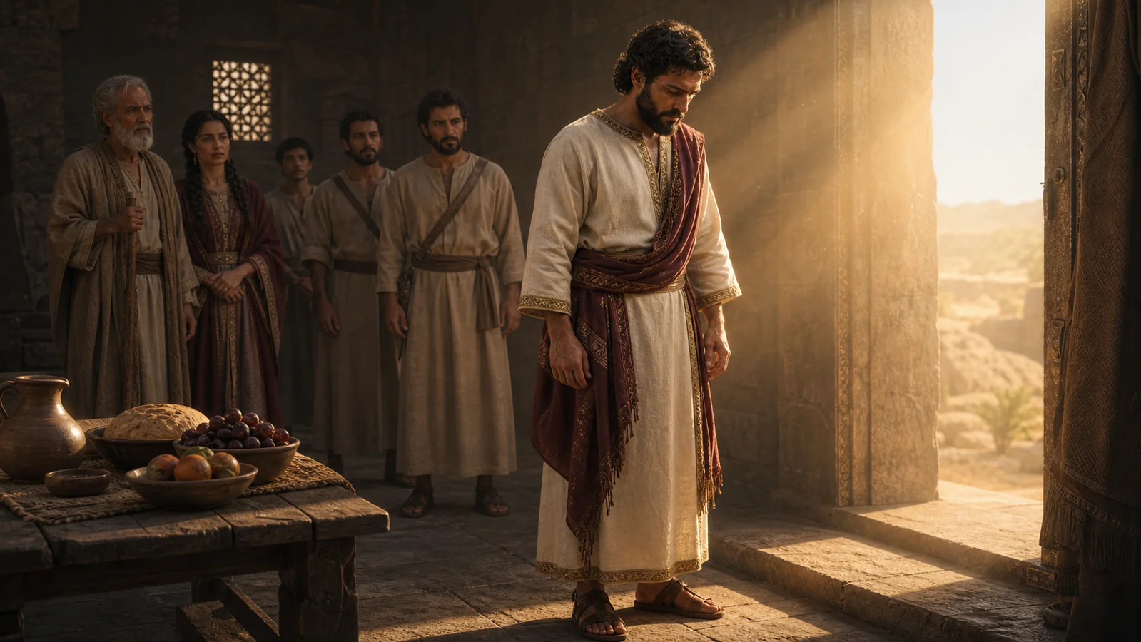 David rises after the child’s death as his household watches in subdued silence.