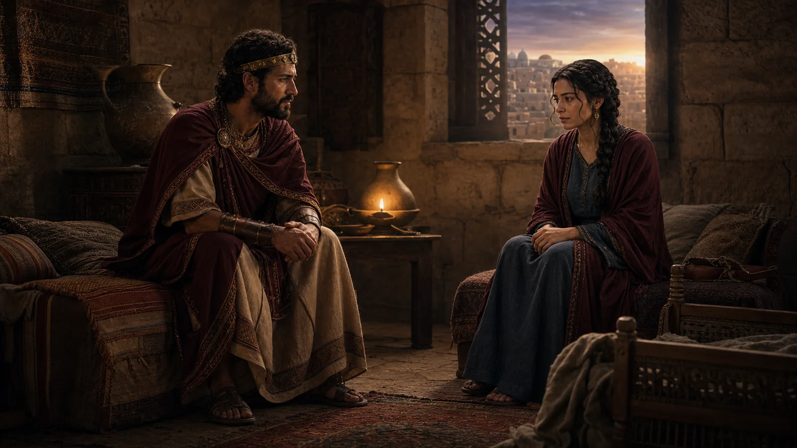 David and Bathsheba sit together in restrained grief after the loss of their child.
