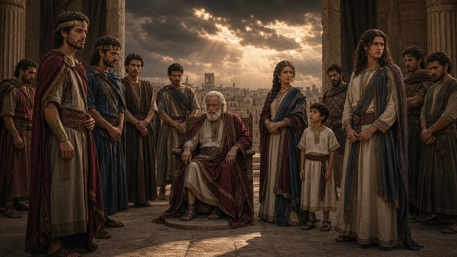 David sits among members of his large royal household as tensions gather around his sons.