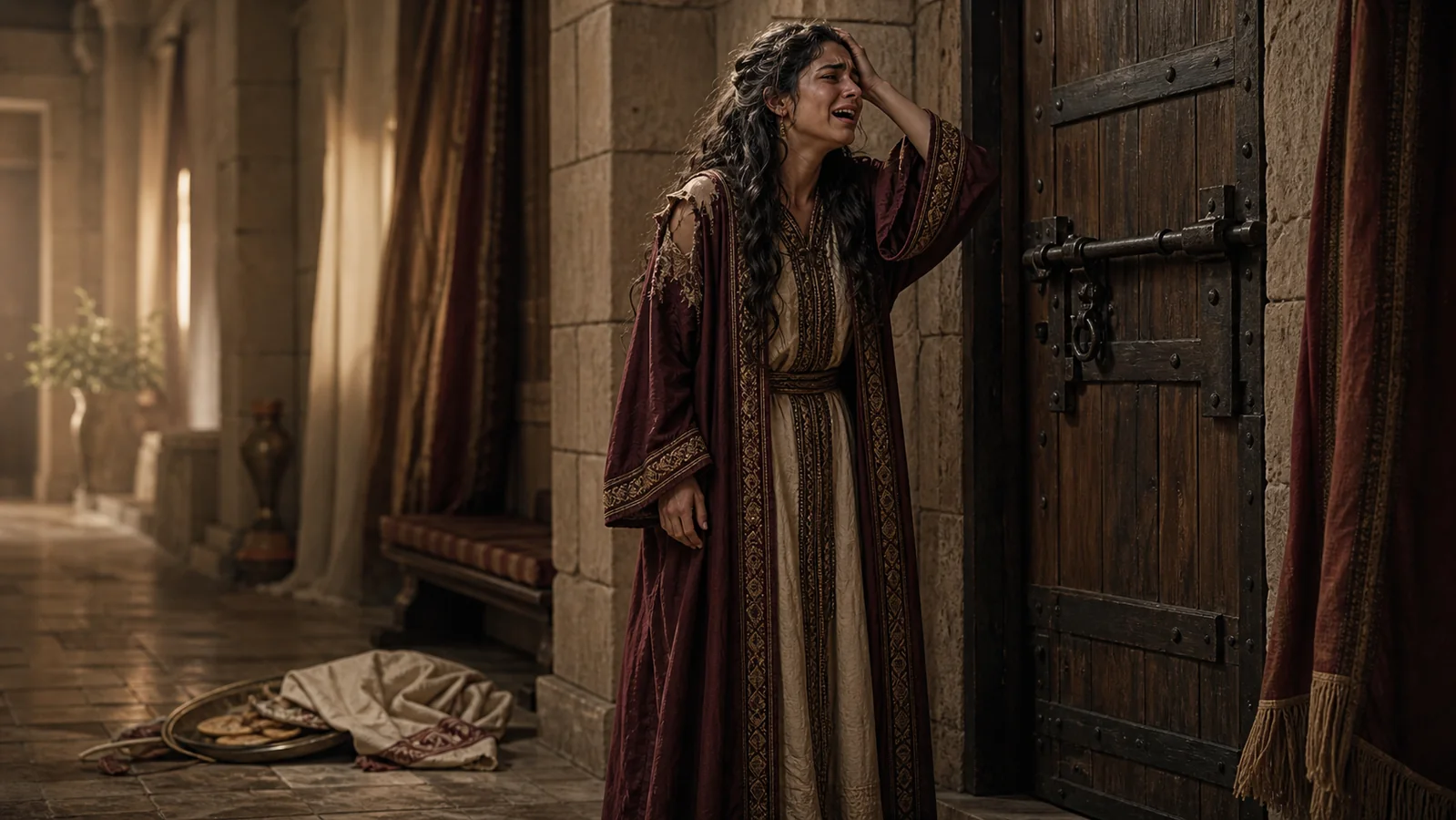Tamar cries out in a palace corridor beside her torn robe after the violence committed against her, with no assault shown.