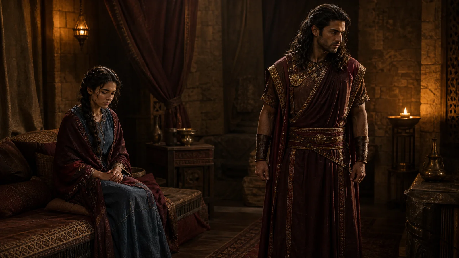 Absalom stands in controlled anger while Tamar sits grieving in his house.