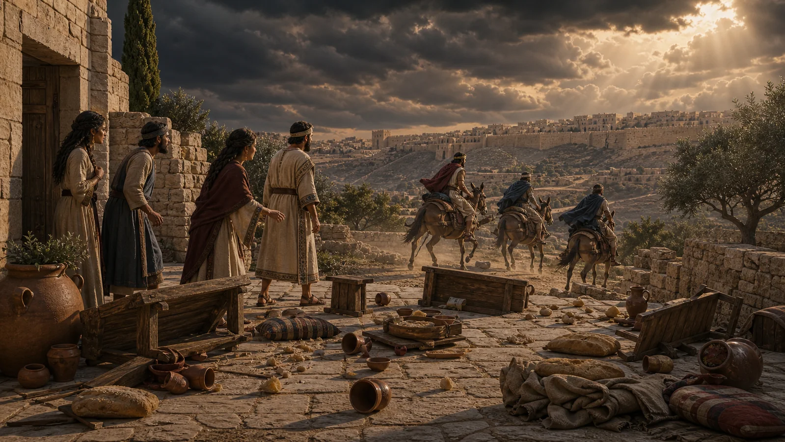 An abandoned feast lies overturned as David’s surviving sons flee toward Jerusalem on mules.