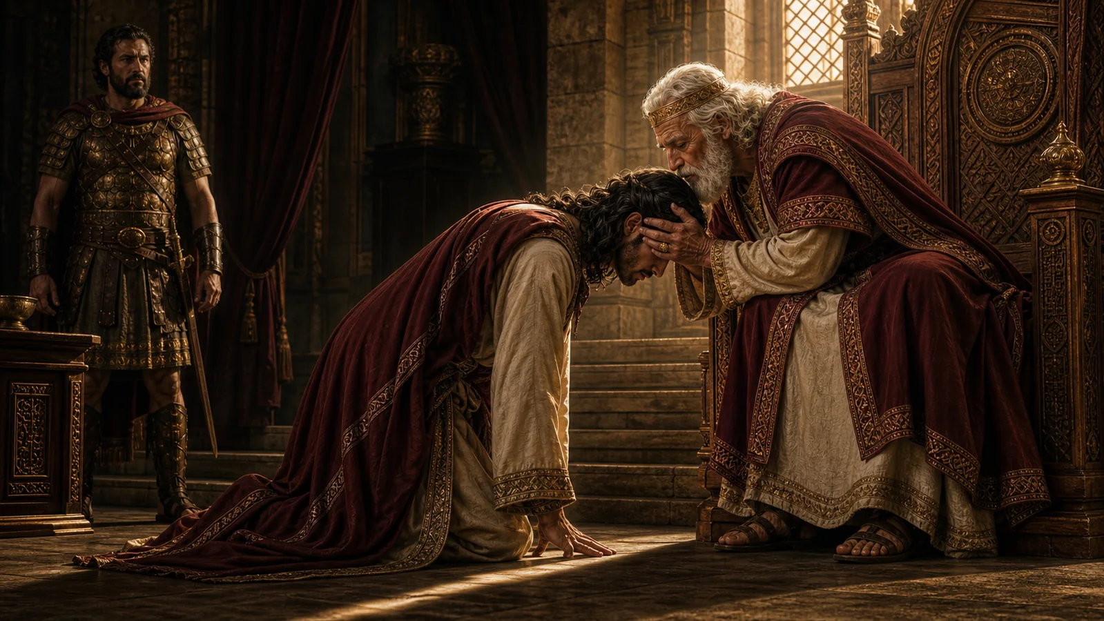 Absalom bows before David after returning from exile, while their strained relationship remains visible.