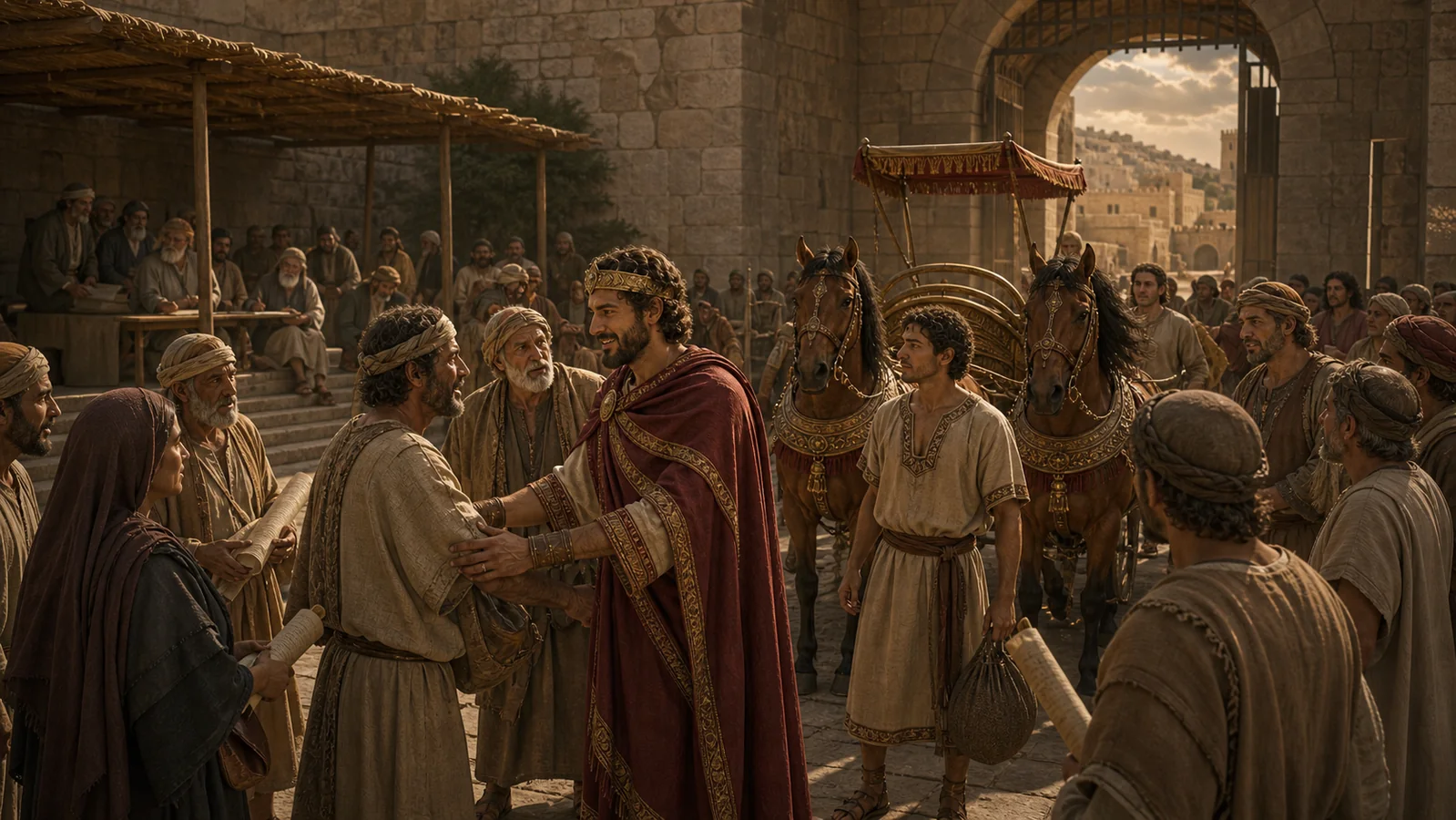 Absalom greets petitioners warmly at Jerusalem’s city gate beside horses, runners, and a royal chariot.