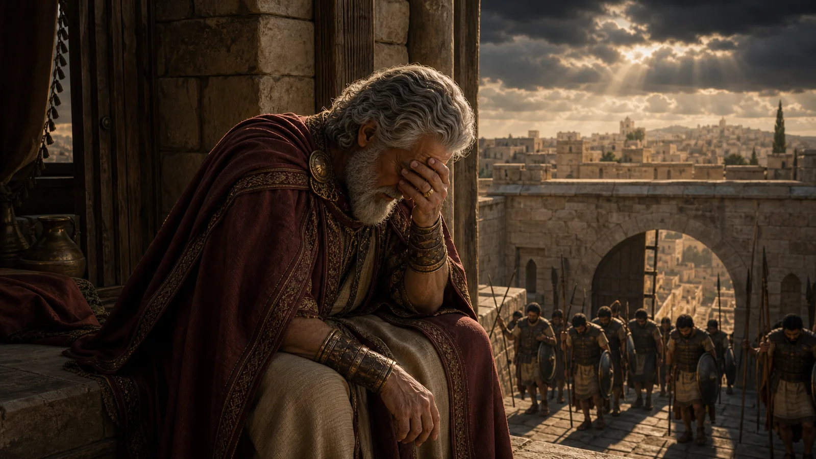Aging David grieves alone above the city gate while victorious soldiers return quietly below.