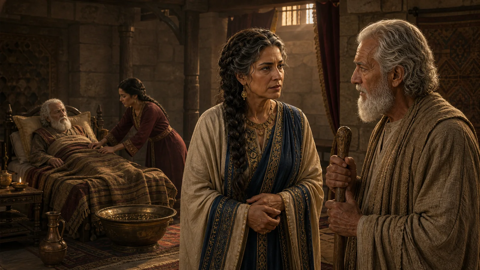 Abishag respectfully tends frail David while Bathsheba and Nathan confer about the succession crisis.