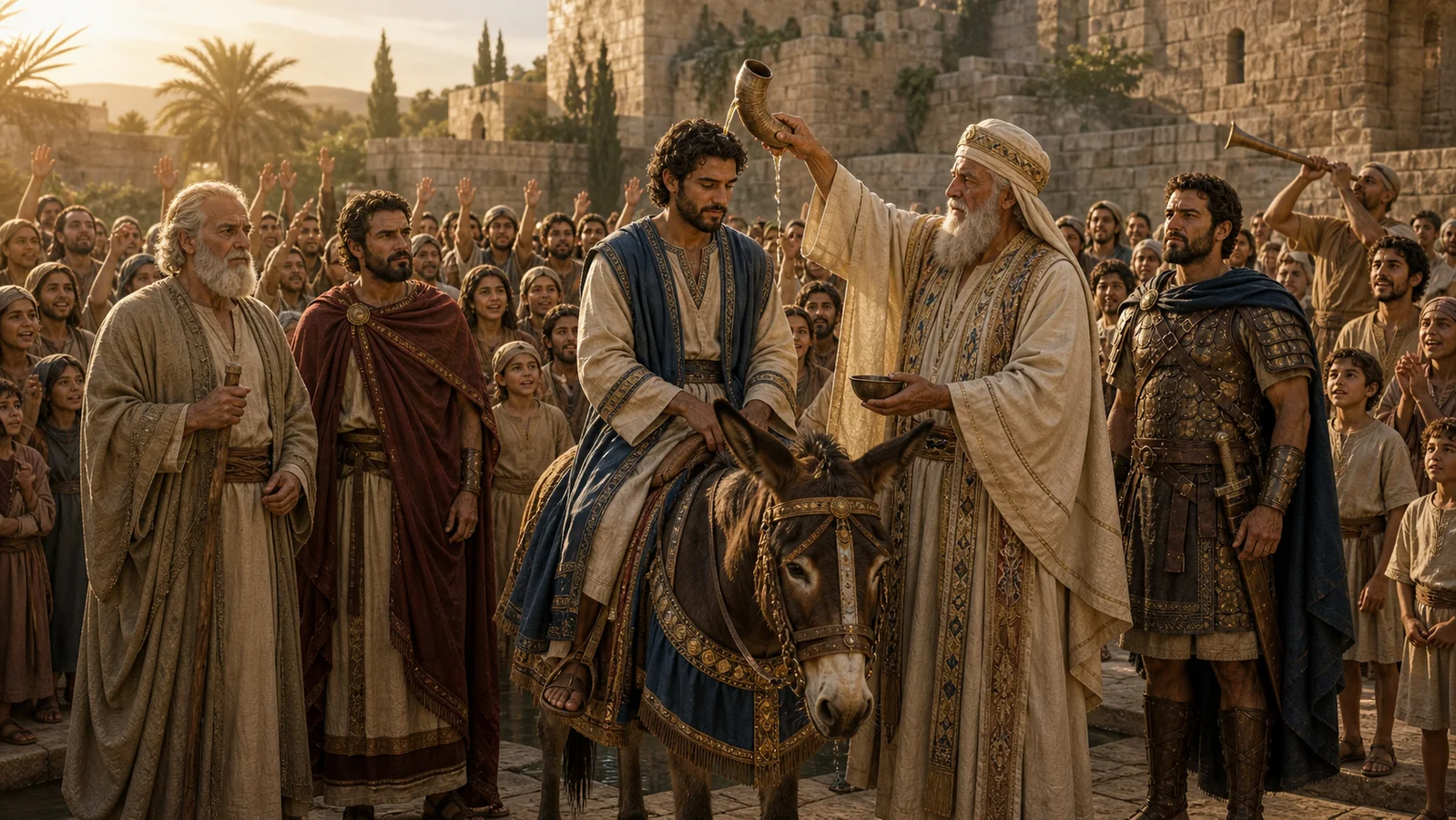 Zadok anoints Solomon as he rides David’s mule at Gihon while the people rejoice.