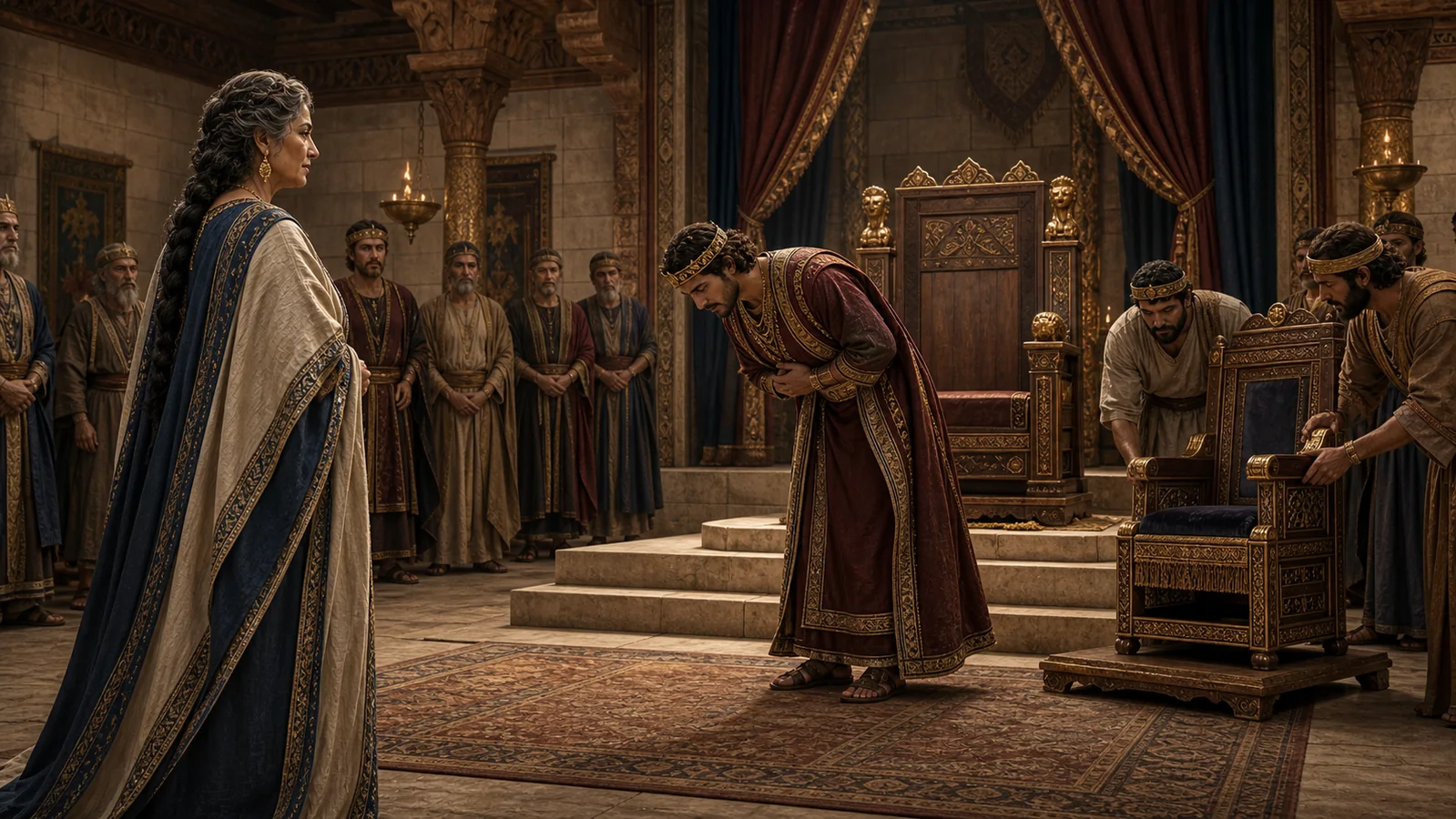 Solomon rises and bows to Bathsheba as attendants place a second throne at his right.