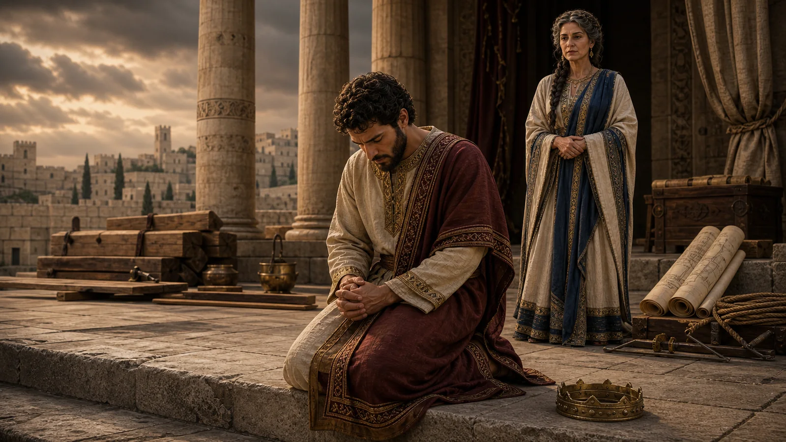 Solomon kneels in prayer with his crown set aside while Bathsheba stands near temple plans in the distance.