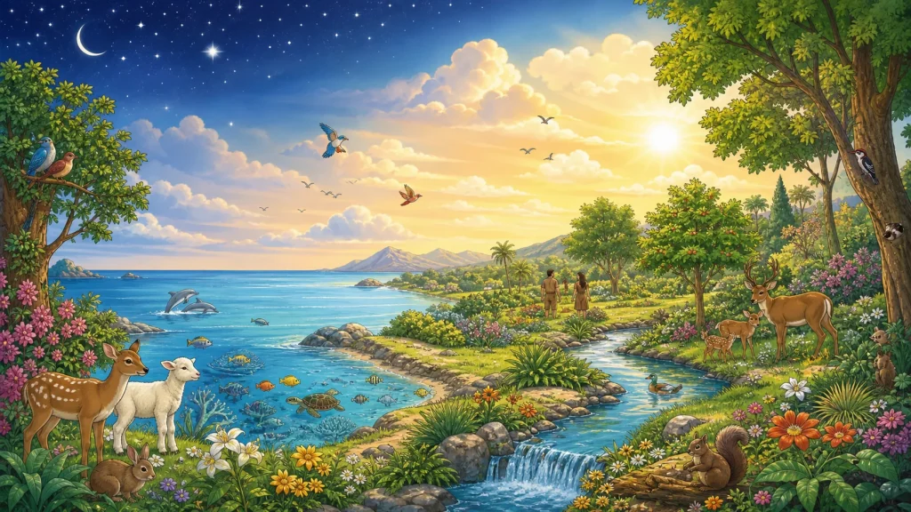 A flourishing creation with sea, land, plants, animals, sun, moon, stars, and two human stewards in a garden.