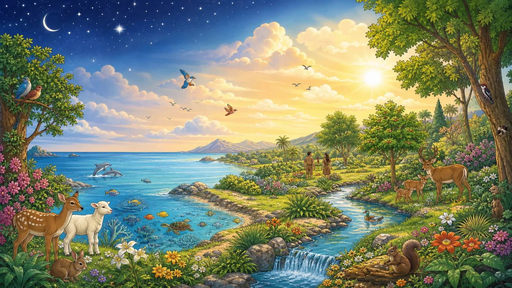 A flourishing creation with sea, land, plants, animals, sun, moon, stars, and two human stewards in a garden.