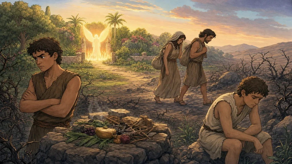 Adam and Eve leave the guarded garden while two brothers and an offering scene show sin spreading into family conflict.