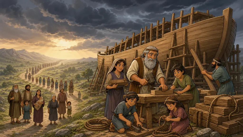 Generations travel along a long road while Noah and his household build a great wooden ark beneath gathering storm clouds.