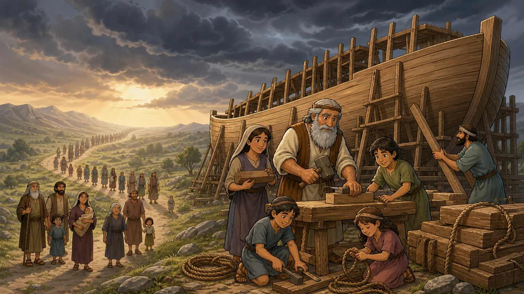 Generations travel along a long road while Noah and his household build a great wooden ark beneath gathering storm clouds.