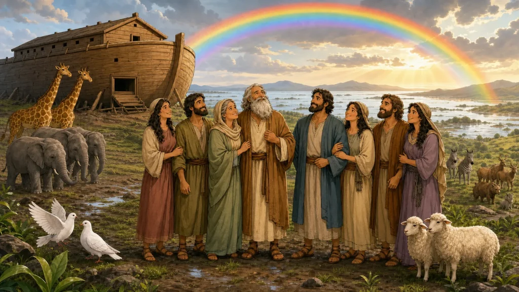 Noah, his wife, their three adult sons and their wives stand beside the ark with pairs of animals as a rainbow spans the clearing sky.