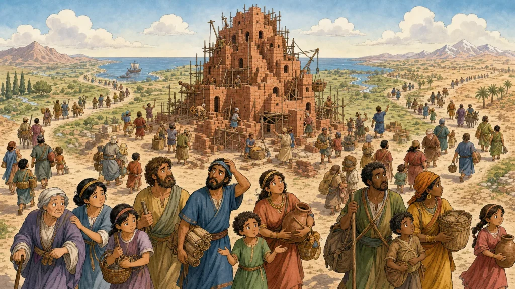 Families carrying belongings move in different directions from an unfinished ancient brick tower and city.