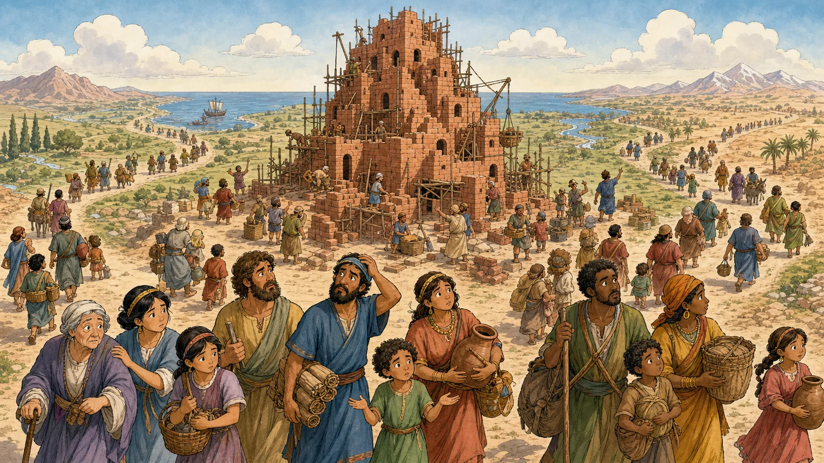 Families carrying belongings move in different directions from an unfinished ancient brick tower and city.